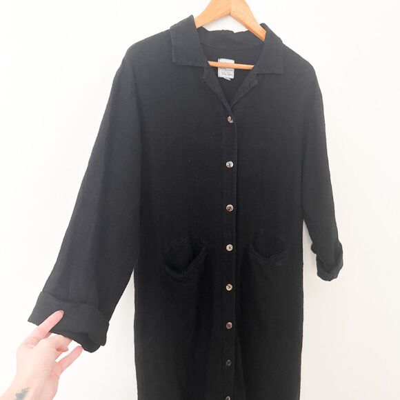 Via Vai by Pollero Linen Dress Black Size Medium Maxi Button Front Lagenlook - Picture 3 of 7